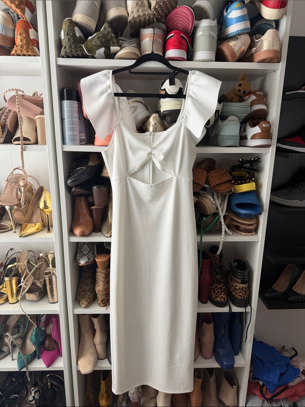 White Midi Dress with Cutout and Ruffle Shoulders